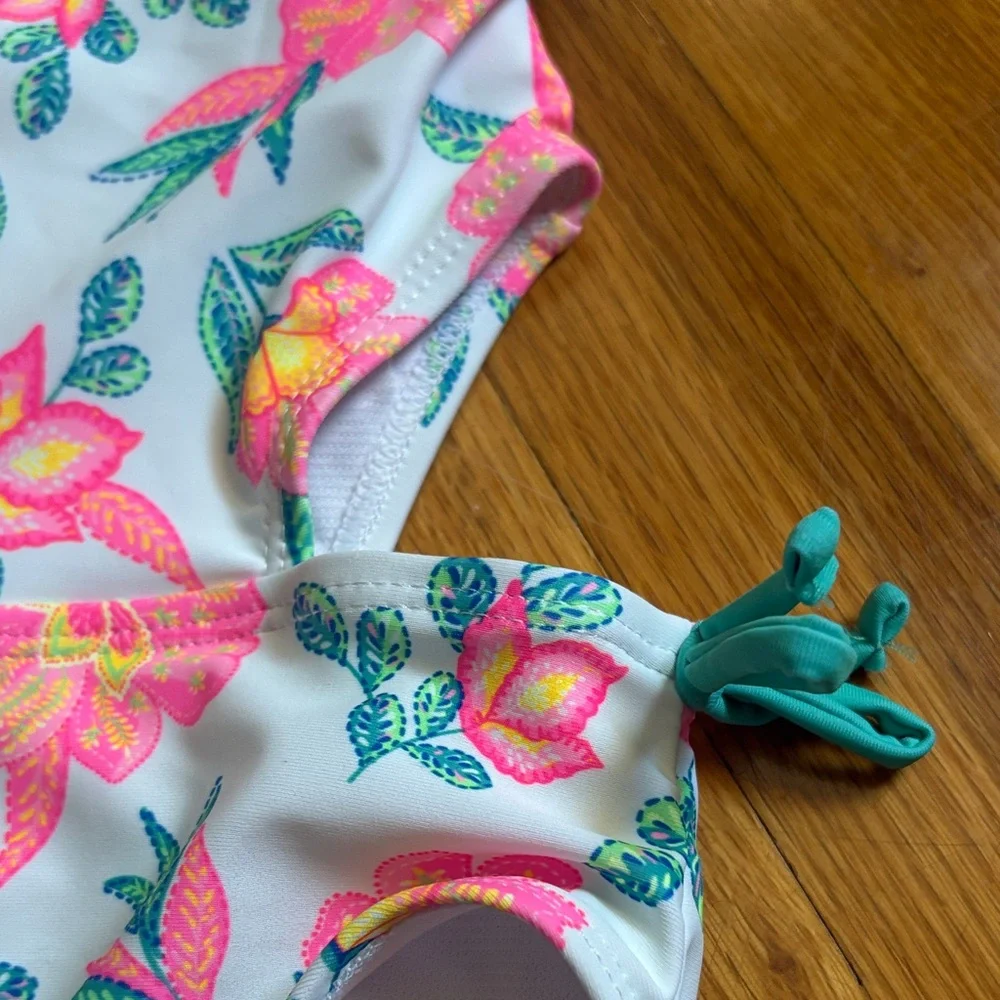 Girls' Floral One-Piece Swimsuit - Pink & Teal